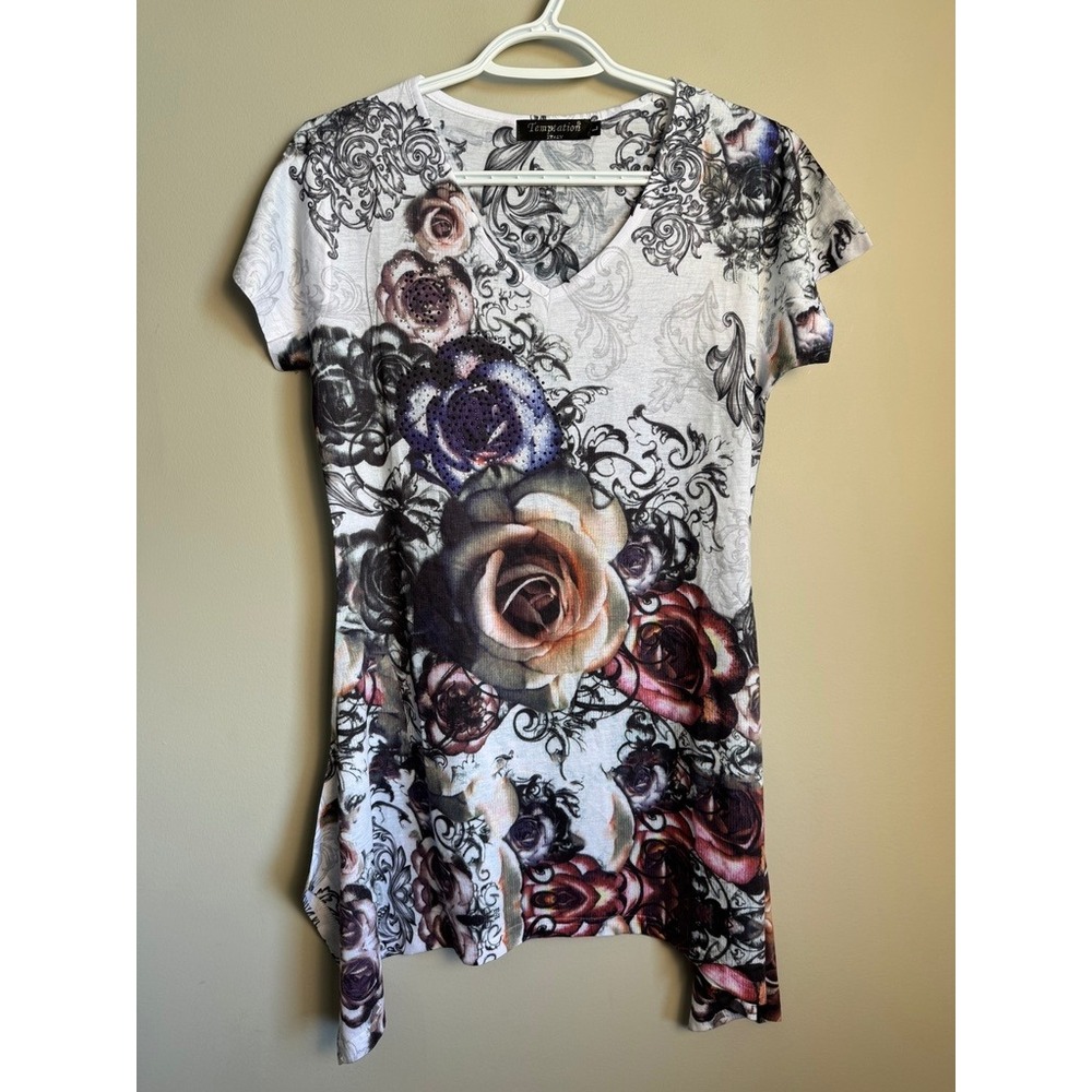 Temptation Italy Floral Short Sleeve Tunic Top Size L Rhinestone Y2K Whimsigoth